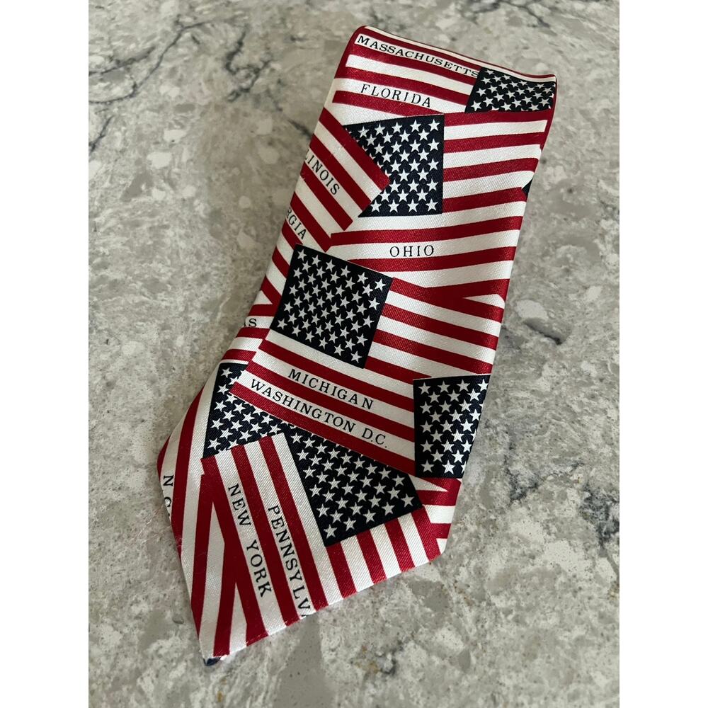 Indian Head Silk Men's Neck Tie American Flag w States Print Red White Blue JL